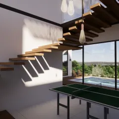 An interior 3D visualization of the 'Snow Villa'. This view showcases the double-height living space with floating wooden stairs and large windows that frame the pool and landscape, blurring the line between indoors and outdoors.