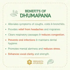 Dhumapana is a therapeutic herbal smoking treatment. Its benefits include alleviating coughs and colds, providing relief from headaches, clearing respiratory passages, and enhancing vocal clarity.
