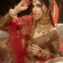 A bride adorned in a heavy kundan necklace set with a matching nath and maang tikka. This is the epitome of a traditional and royal bridal look.