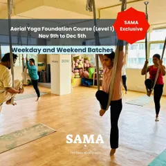 The Aerial Yoga Foundation Course is a SAMA exclusive, designed to build your confidence from the ground up. I offer flexible weekday and weekend batches, making it easy to start your journey into aerial movement and learn the foundational poses safely.