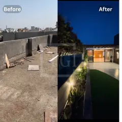 From a dusty, empty rooftop to a sleek, modern entrance to an outdoor living area. This transformation highlights the power of clean lines, strategic lighting, and lush greenery along the periphery.