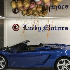 For the Lucky Motors showroom event, we installed dozens of helium balloons on the ceiling. This image shows how the gold and rose gold balloons add a touch of luxury and celebration above a stunning blue Lamborghini.