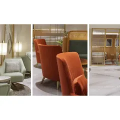 A collage showcasing different seating arrangements in the main lounge at Bangalore International Airport. We used curved sofas and a mix of rust red and green fabrics to create variety and privacy within the open floor plan.