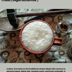 A dairy-free twist on a traditional favorite: Vegan Chaas. Made with coconut or almond yogurt, this probiotic-rich drink with roasted cumin and fresh coriander is perfect for aiding digestion and cooling you down.
