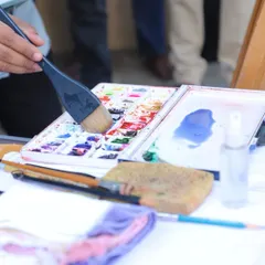 A close-up of my watercolour palette during the workshop, showing how I prepare and mix my colours.