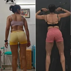 This is the midway transformation of my online client, Preeti. She has been incredibly consistent despite a hectic schedule, constant travel, and shifting cities. This before-and-after shot shows the significant changes in her back definition and overall physique.