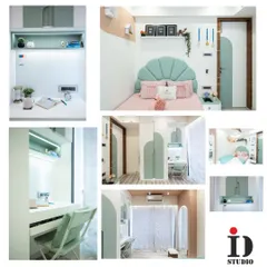 This collage provides a comprehensive look at the charming pastel-themed daughter's bedroom, from the study nook to the custom bed.