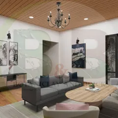 Another view of our transitional living room concept. This angle highlights the furniture arrangement, use of artwork, and a large potted plant to introduce a natural element, creating a space that is both stylish and comfortable.