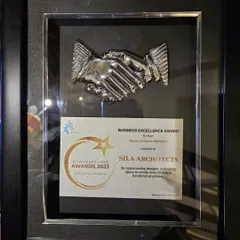 A close-up of the Business Excellence Award 2023. This motivates us to continue pushing the boundaries of design and delivering the best for our clients.