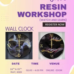 This poster gives you all the details for my online resin wall clock workshop. You'll learn coating techniques and create a beautiful clock. It's a watch-and-learn format, perfect for beginners or artists looking to refine their skills.