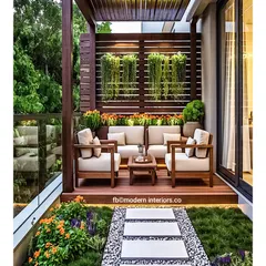 For those who love to entertain, a full outdoor sofa set can transform a larger balcony. This design uses a wooden pergola to frame the seating area, creating an elegant and defined space for hosting guests or relaxing with family.