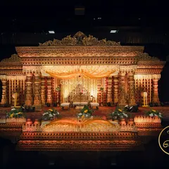This is where I bring the grandeur of traditional South Indian temple architecture to life. The intricate details, warm lighting, and majestic scale of this mandap created an unforgettable royal wedding experience.