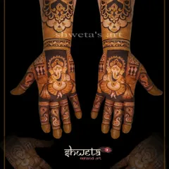 A symmetrical design featuring Lord Ganesha on both palms. The bold outlines and detailed shading make the deity the centerpiece of this auspicious mehendi.