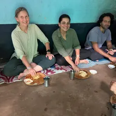 Sharing a meal, the traditional way. Sitting on the floor of a village home in Kanha, we feasted on dal, rice, and freshly made chutney. This is immersion in its most delicious form.