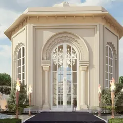 This octagonal hall, part of the larger banquet complex, serves as an elegant pre-function area. Flanked by elephant sculptures with water features, its design combines classical proportions with ornate Indian detailing for a stunning visual impact.