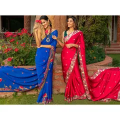 An outdoor mood shot featuring two models in designer sarees. The composition highlights the elegant drape and intricate embroidery of the garments against a natural, relaxed backdrop.