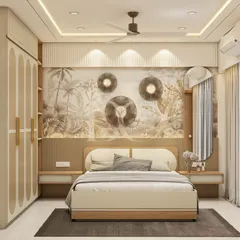 We believe a bedroom should be a personal sanctuary. For this master bedroom, we created a serene tropical theme with custom arched wallpaper panels, integrated backlighting, and sleek, handleless wardrobes to maximize the sense of calm and space.