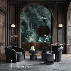 Here is a breakdown of the essential elements for a perfect living room corner. An accent chair provides a comfortable spot to relax, while a statement mirror, unique lamps, and a functional coffee table complete the look, adding layers of style and personality.
