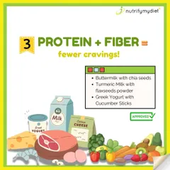 Protein and fiber are your best friends when it comes to fighting cravings. They keep you feeling full and satisfied. I suggest options like buttermilk with chia seeds or Greek yogurt with cucumber sticks.