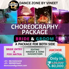 Our Bride & Groom Choreography Package is designed for both families. It includes a grand bride entry with a fog matka, custom song mashups, and a professional anchor to host the sangeet night.