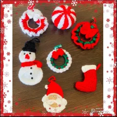 Here is a glimpse of my Christmas tree ornament collection. It includes a snowman, Santa, mini wreaths, a stocking, and a candy cane bauble, all handmade with crochet.