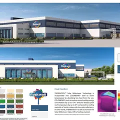 This design sheet for the Rockwell project details the material and color palette. It also explains the use of THERMATECH solar reflectance technology in the roofing to reduce heat gain and lower cooling energy consumption.