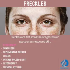 This graphic provides information on freckles, which are small tan spots on sun exposed skin. I offer various treatments, including lasers and chemical peels, to effectively reduce their appearance.