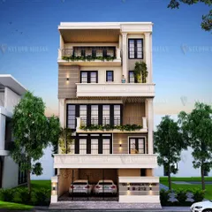 A classic European-inspired facade for a 234 sq. yard home in Gujranwala Town. The design features traditional window casings, decorative balcony railings, and a clean, symmetrical layout for a timeless look.