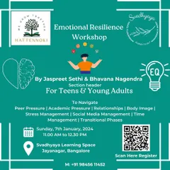 This flyer details our Emotional Resilience Workshop, designed for teens and young adults. It outlines the specific, real-world challenges we address, including academic pressure, social media management, and peer relationships, offering a clear look at the practical tools participants will gain.