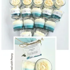Another collage of votive jar candles, featuring a beautiful blue and white layered candle with a peony top, perfect for baptisms or communions.