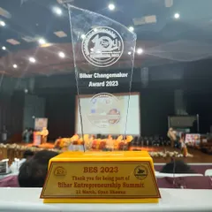A duplicate of ID 86, this is the "Bihar Changemaker Award 2023" trophy, a symbol of our dedication to creating positive change through design.