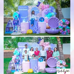 Seashell wishes and starfish kisses! This outdoor mermaid-themed party for Swara featured a beautiful pastel purple and pink setup with a large sequin backdrop and a giant clamshell prop.