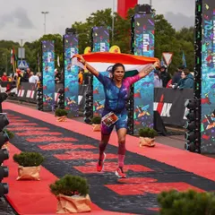 Another shot from the Ironman 70.3 Tallinn finish. The feeling of running down that red carpet, knowing you've given it your all, is indescribable. This is the payoff for all the early mornings and grueling sessions.