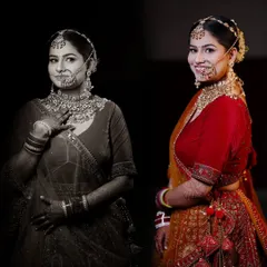 A creative split portrait of a bride, with one half in monochrome and the other in full color, showcasing her traditional wedding look.