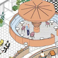 An axonometric illustration of the 080 Lounge at Bangalore International Airport, created using Revit. This drawing details a circular seating pod, showcasing our ability to model complex, custom furniture and layouts.