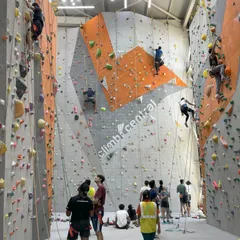 A wide view of our climbing arena, filled with people enjoying the sport. Every climb is a step towards progress, and we are here to support you on your journey.
