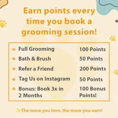 Here is how you can earn points. From booking a full grooming to referring a friend, there are many ways to build up your balance and earn rewards.