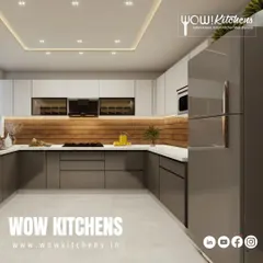 Another look at the modern U-shaped kitchen, emphasizing the balance of colors and textures. The grey, white, and wood tones create a space that is both stylish and welcoming.