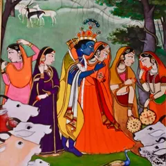 The first hand-painted panel, a depiction of Krishna with the gopis, created in the style of miniature painting. This artwork would later be integrated into the larger restored panel.