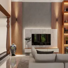 This living room design combines textures like wood, marble, and concrete for a rich, modern feel. The backlit TV unit and integrated shelving create a functional and stylish focal point.