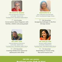 A schedule of our "Psychotherapy in Action" sessions as part of "The Being and The Doing" series. This graphic introduces the expert speakers and the topics they will cover, from diagnosis to responding to trauma.