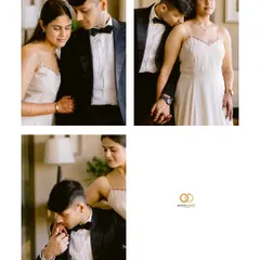 A collage of elegant and intimate moments from a pre-wedding shoot, capturing the couple's charm and classic style.