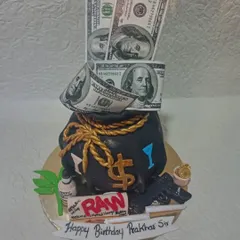 A detailed shot of the money bag cake, complete with edible dollar bills and other custom decorations. I can tailor the details to match the recipient's personality and hobbies.