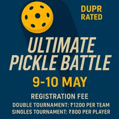 It's not just for kids! We host official DUPR-rated pickleball tournaments for adults in Bengaluru. This poster for our Ultimate Pickle Battle shows the singles and doubles events we organize for all skill levels.