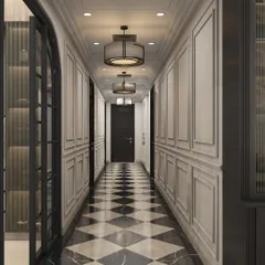 A long, dramatic hallway with a black-and-white checkered marble floor, classic wall paneling, and elegant drum pendant lights.