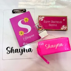 This is a custom combo I put together for a birthday girl named Shayna. It features a personalized clipboard, notebook, stamp, and pouch, all in her favorite shade of pink.