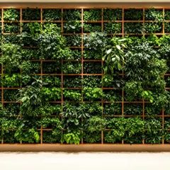 A structured vertical garden with a wooden grid frame, where each compartment is filled with a variety of artificial plants. This design adds a geometric and organized look to the indoor greenery.