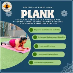 An infographic detailing the many benefits of practicing Plank pose, from core stability to improved metabolism.