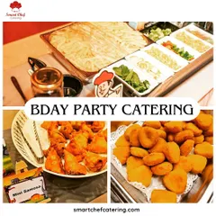 A collage showcasing a typical birthday party catering menu, including a live pasta station, mini samosas, and chicken nuggets.