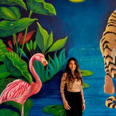 Imagine a mystical forest coming to life in your own home. I painted this piece, with its vibrant flamingo and majestic tiger, for a farmhouse in Hyderabad, turning a blank wall into a portal to another world. If you want your space to tell a unique story, I can create that for you.